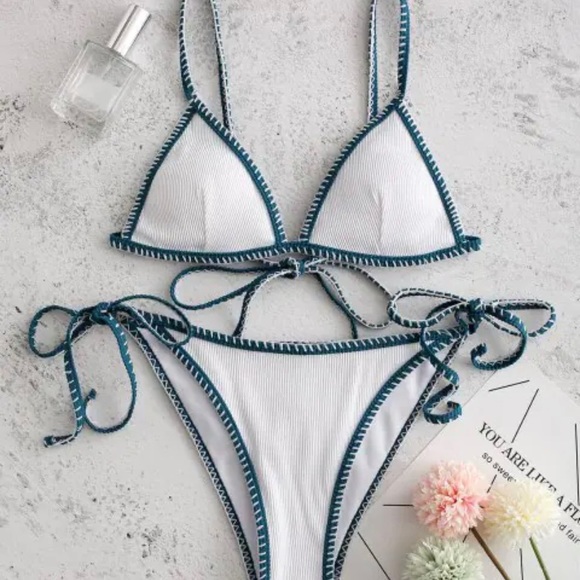 Ribbed Tie String Bikini - White (L) NWT - Picture 2 of 5